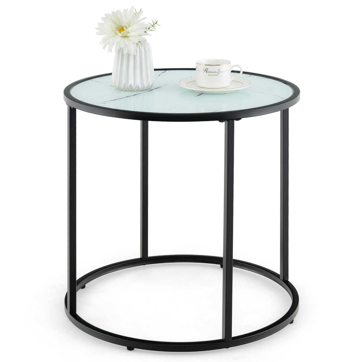 20 Inch Glass End Table with Metal Frame, Black & White