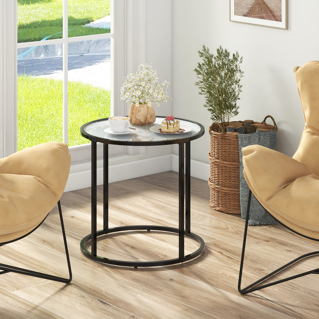 20 Inch Glass End Table with Metal Frame, Black & White