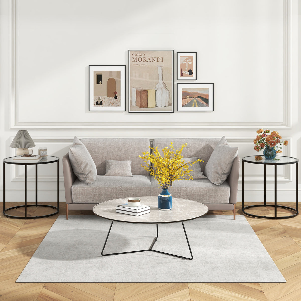 20 Inch Glass End Table with Metal Frame, Black & White