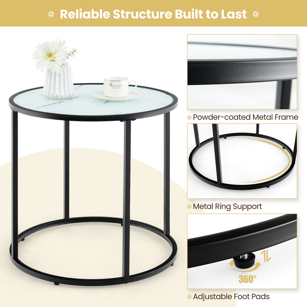 20 Inch Glass End Table with Metal Frame, Black & White