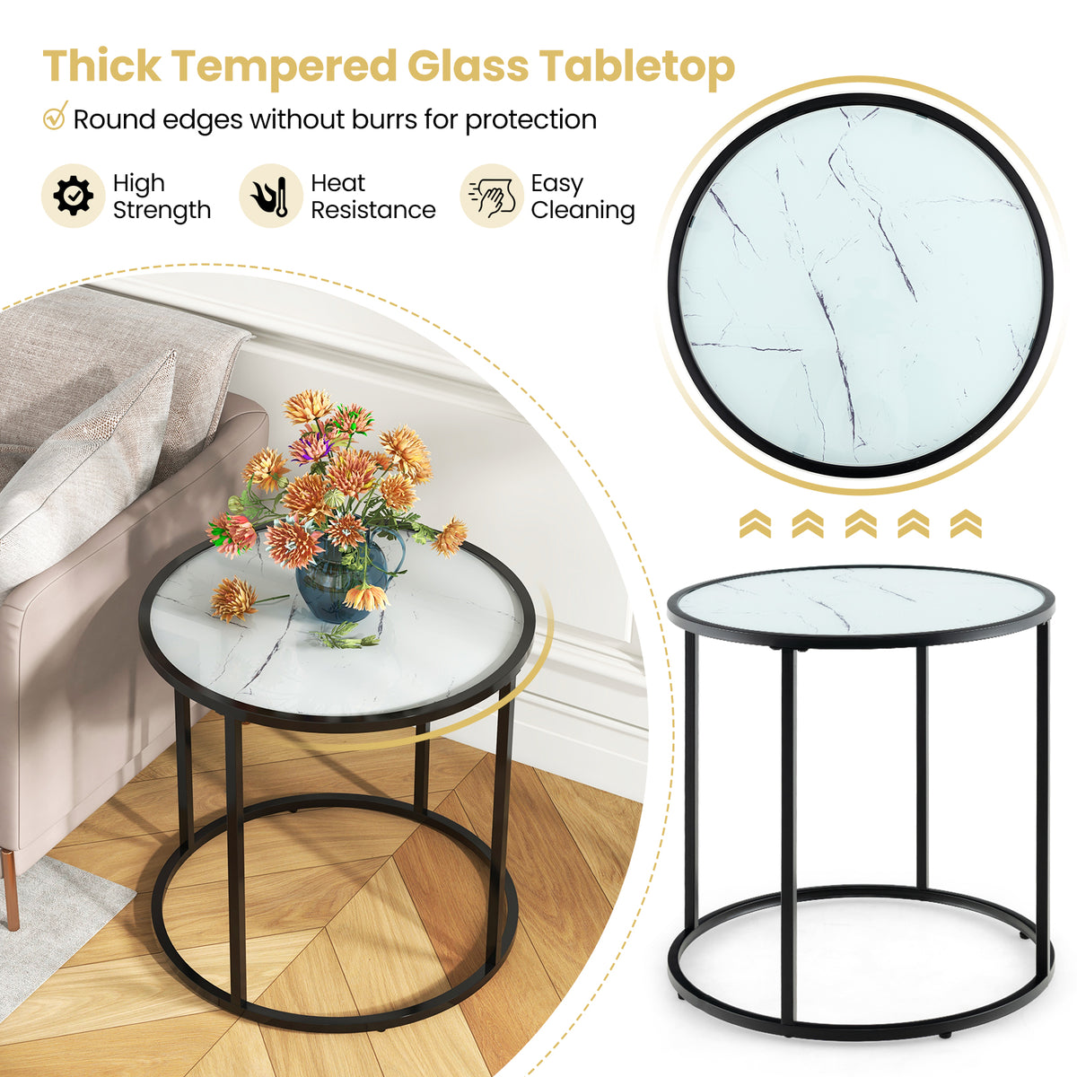 20 Inch Glass End Table with Metal Frame, Black & White