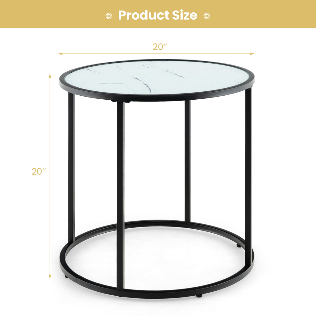 20 Inch Glass End Table with Metal Frame, Black & White