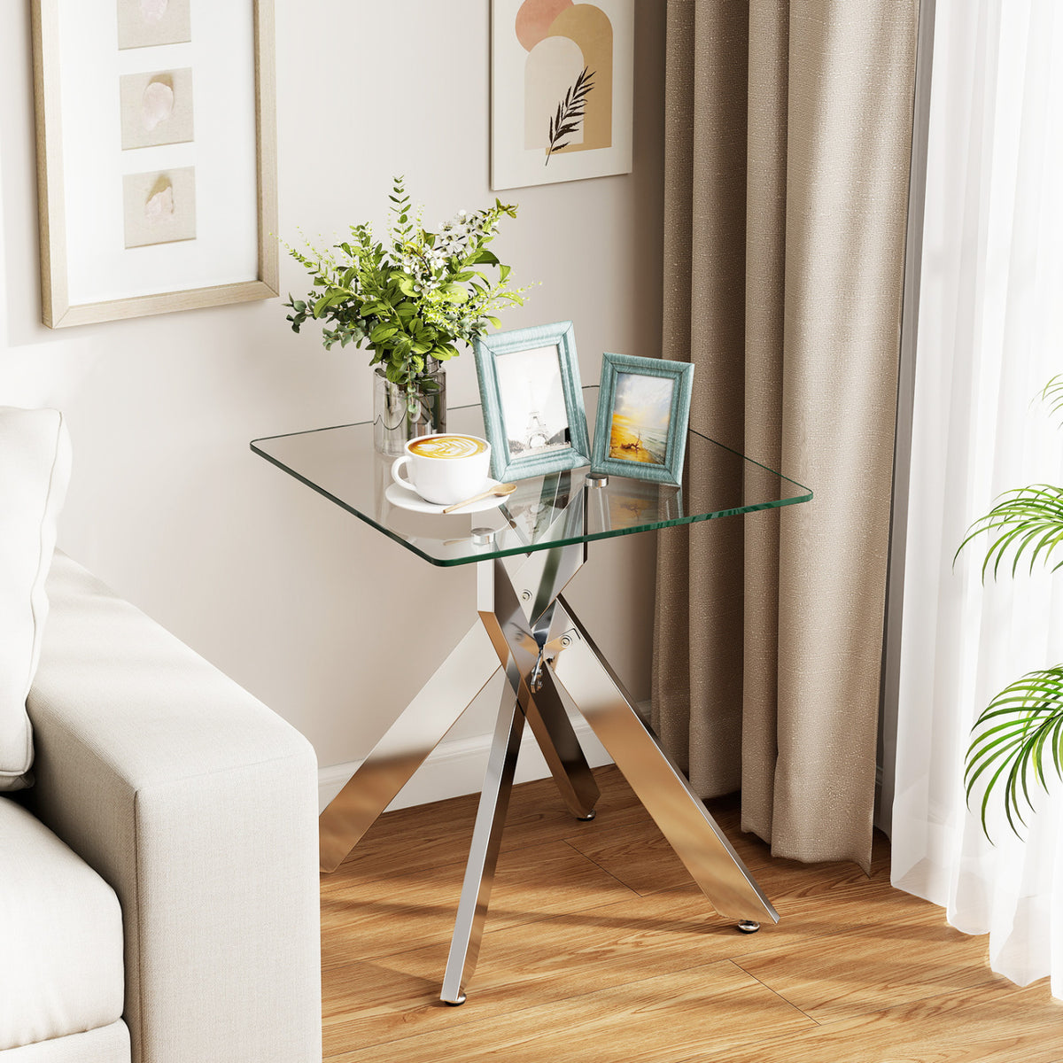 Glass Side Table with Metal X Base, Silver