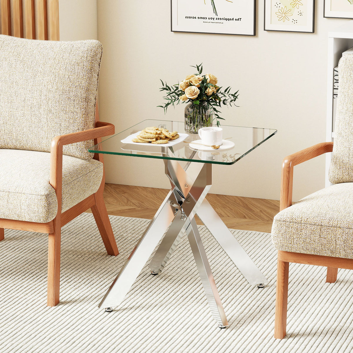 Glass Side Table with Metal X Base, Silver