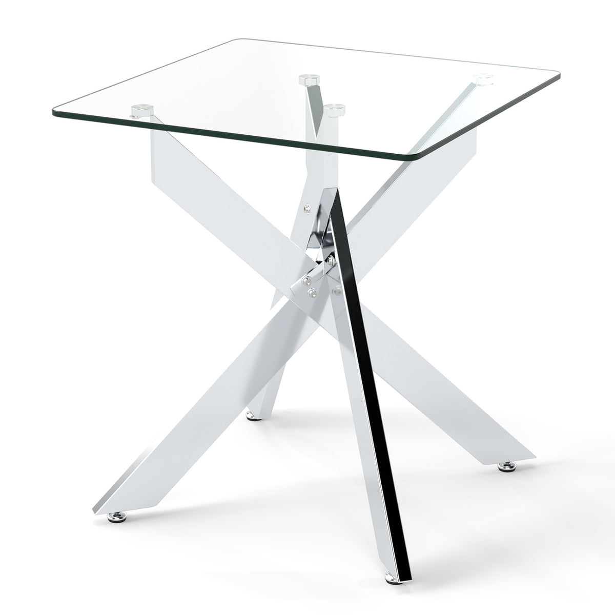 Glass Side Table with Metal X Base, Silver