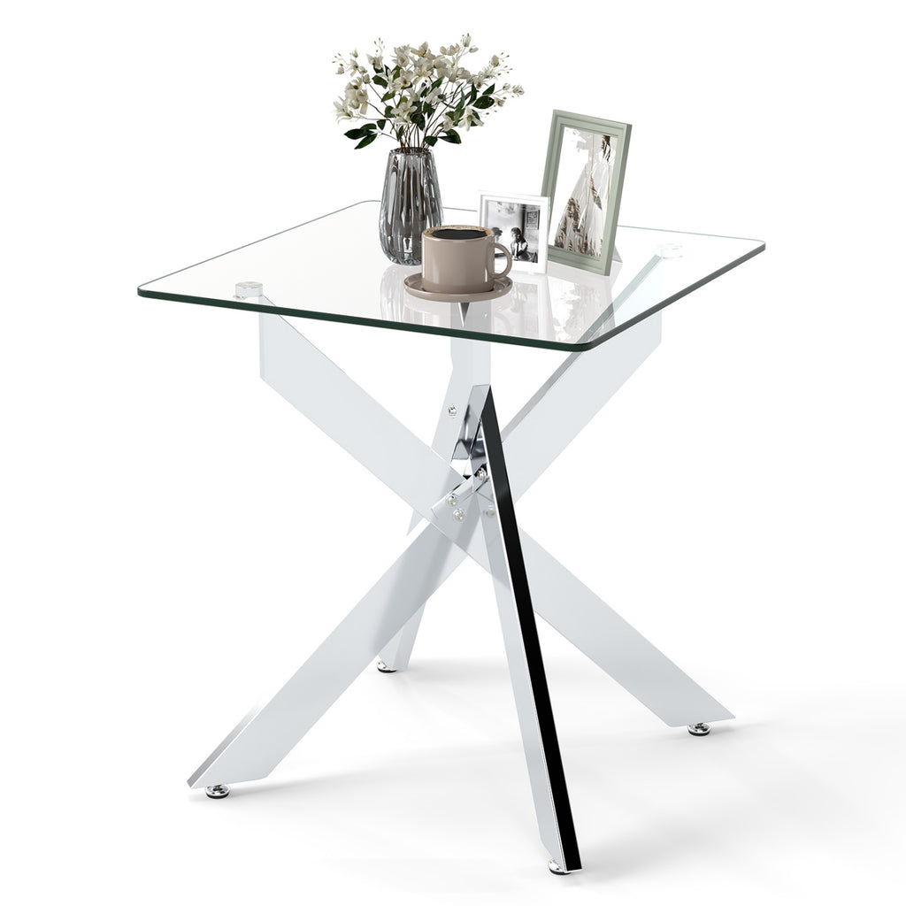 Glass Side Table with Metal X Base, Silver