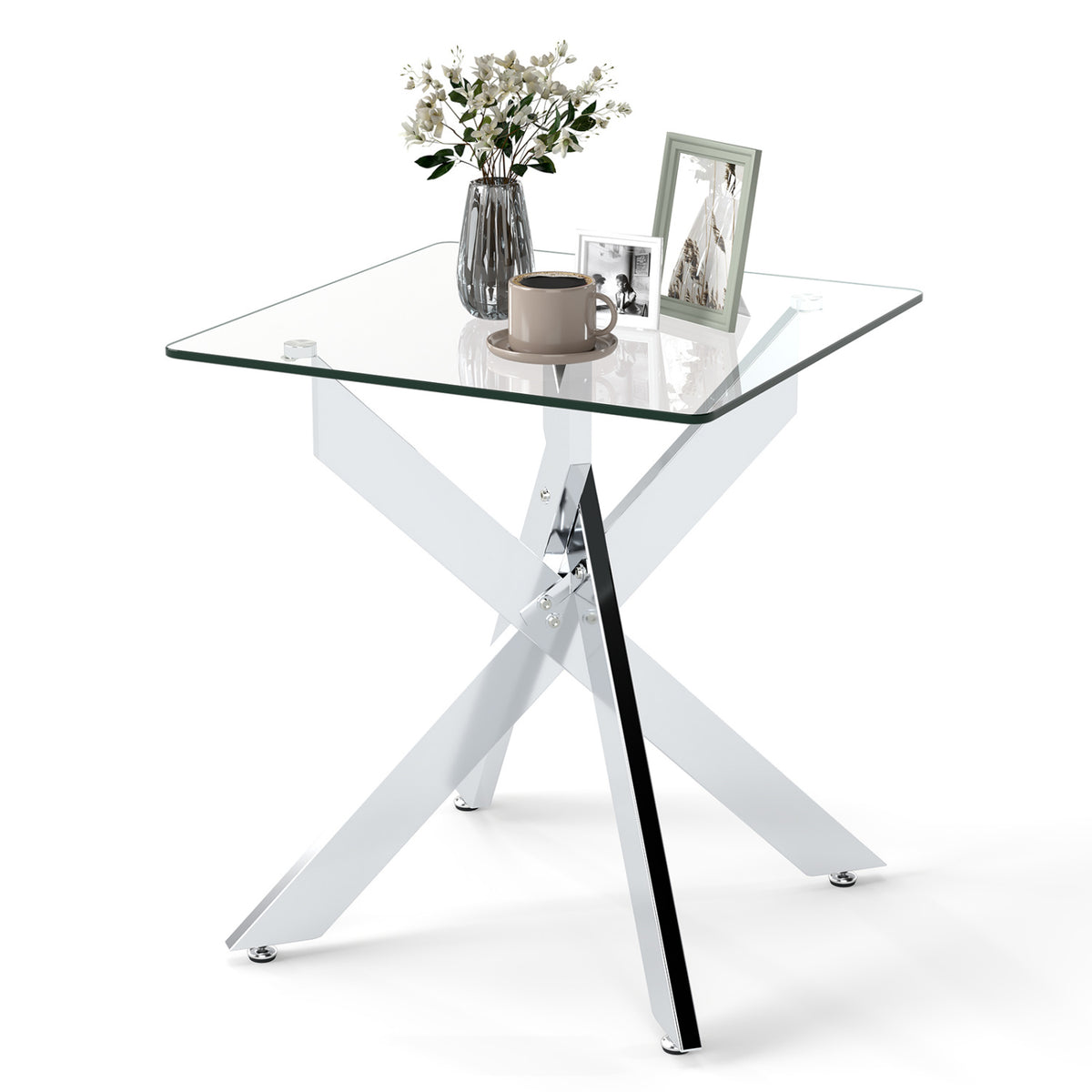 Glass Side Table with Metal X Base, Silver