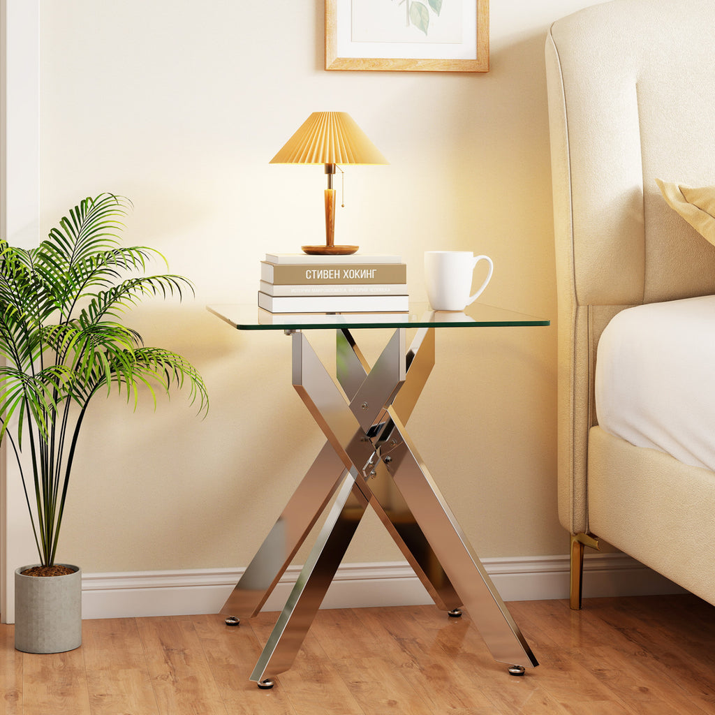 Glass Side Table with Metal X Base, Silver