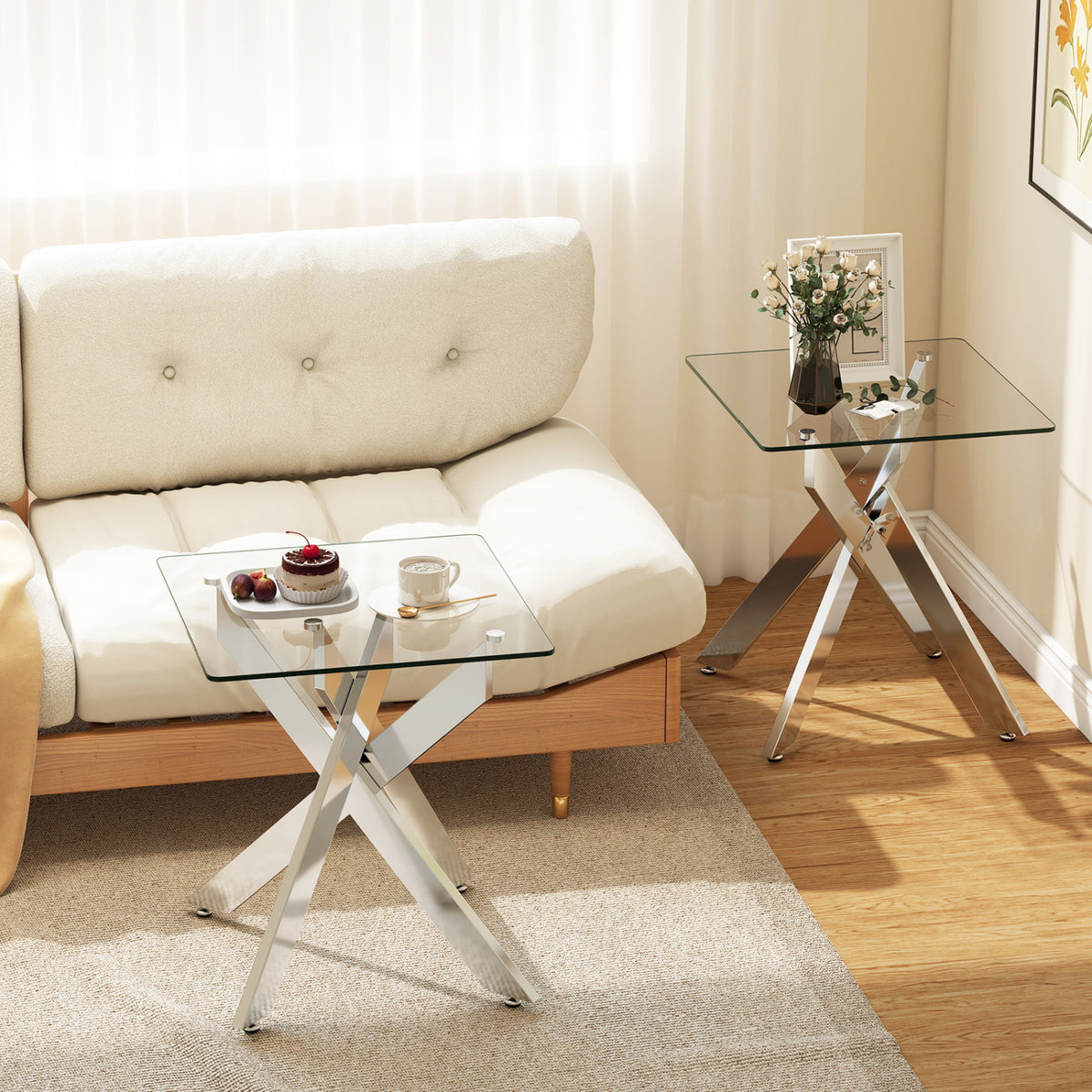 Glass Side Table with Metal X Base, Silver