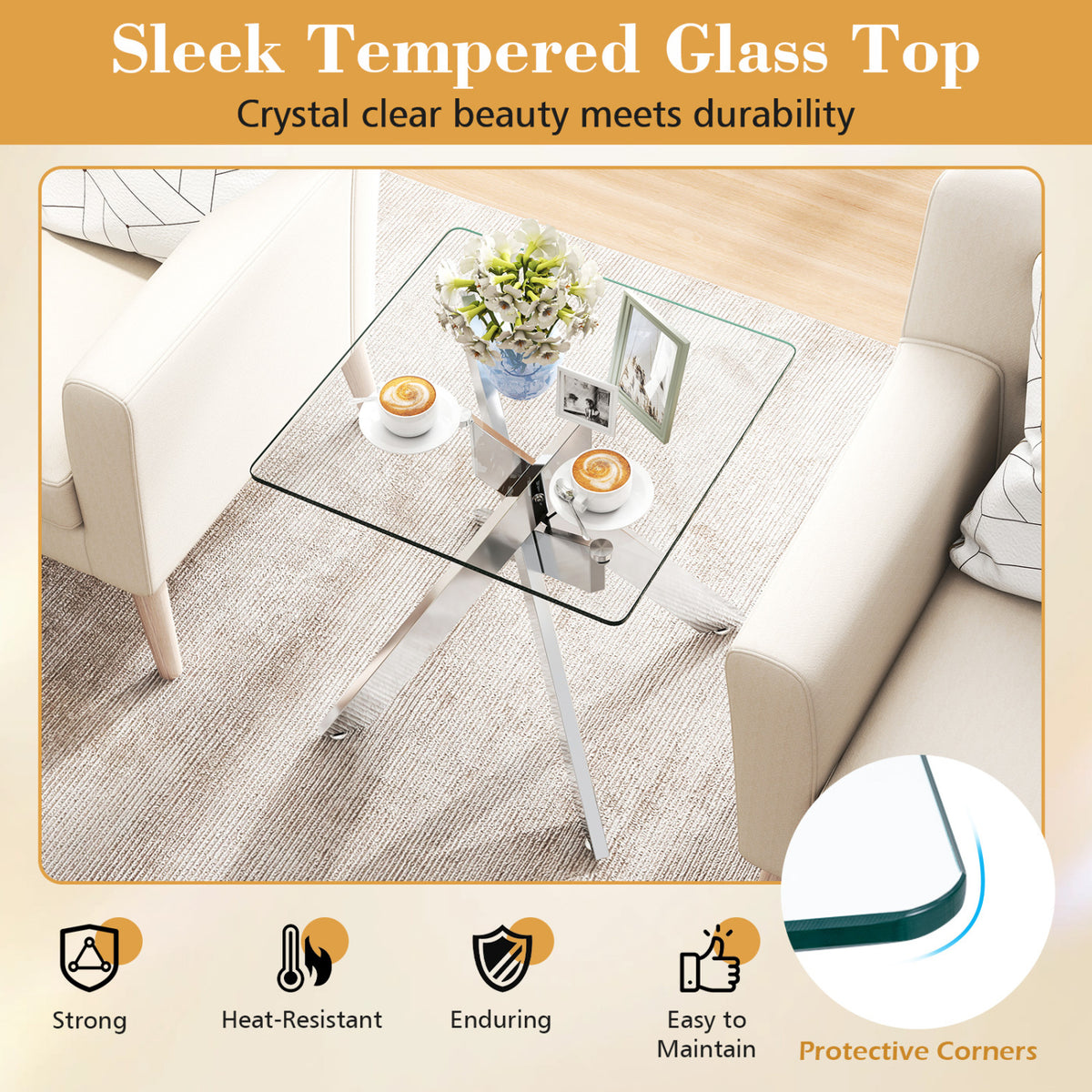Glass Side Table with Metal X Base, Silver