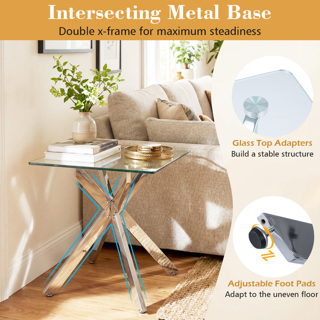 Glass Side Table with Metal X Base, Silver