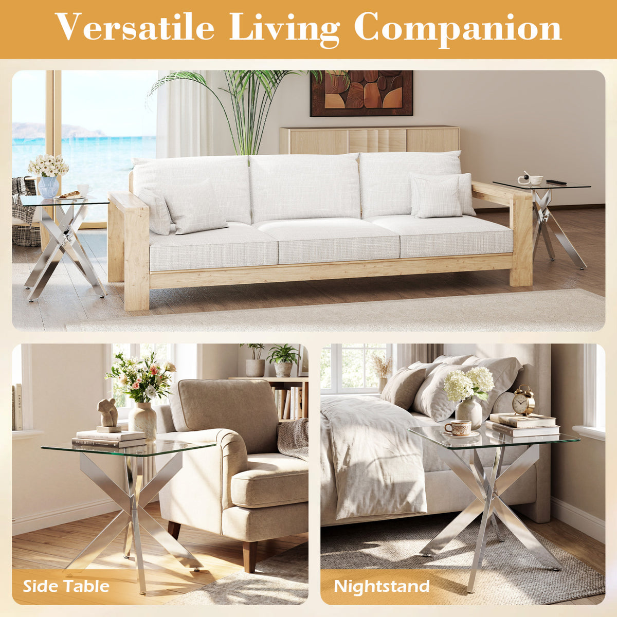 Glass Side Table with Metal X Base, Silver