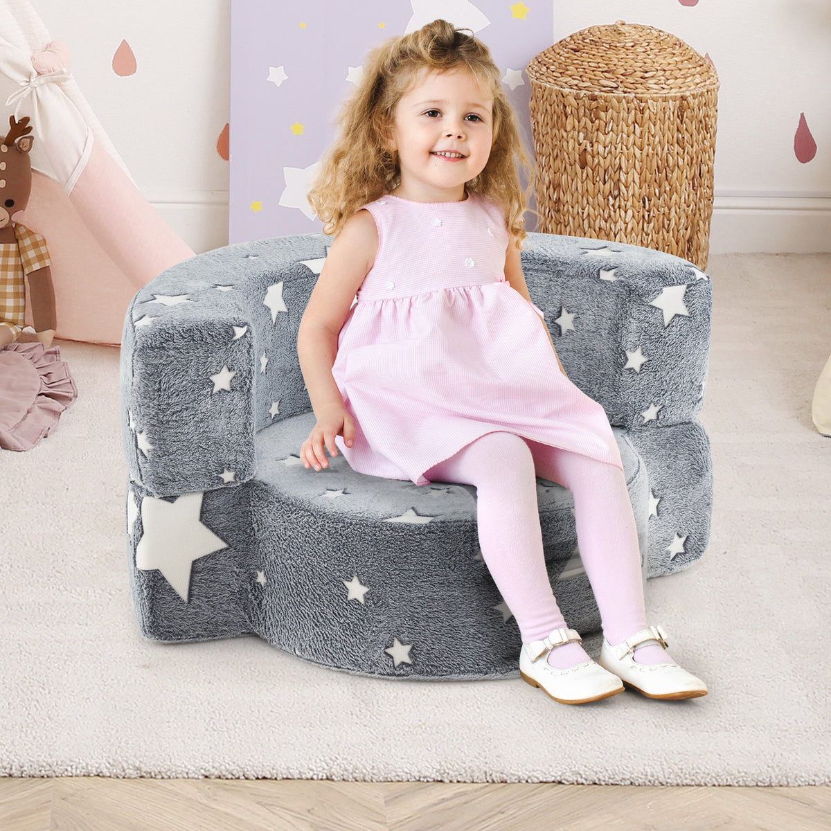 Gray 2-in-1 Kids Convertible Sofa Bed with Removable Washable Cover
