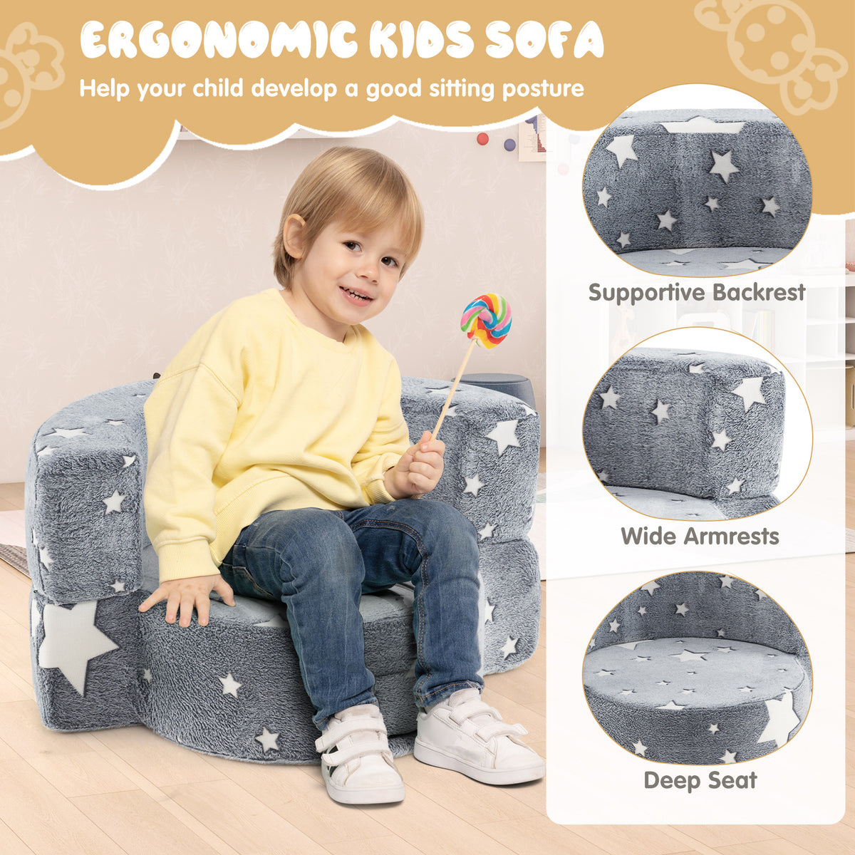 Gray 2-in-1 Kids Convertible Sofa Bed with Removable Washable Cover