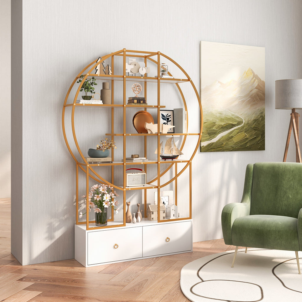 71-Inch 6-Tier Gold Bookshelf with 2 Drawers