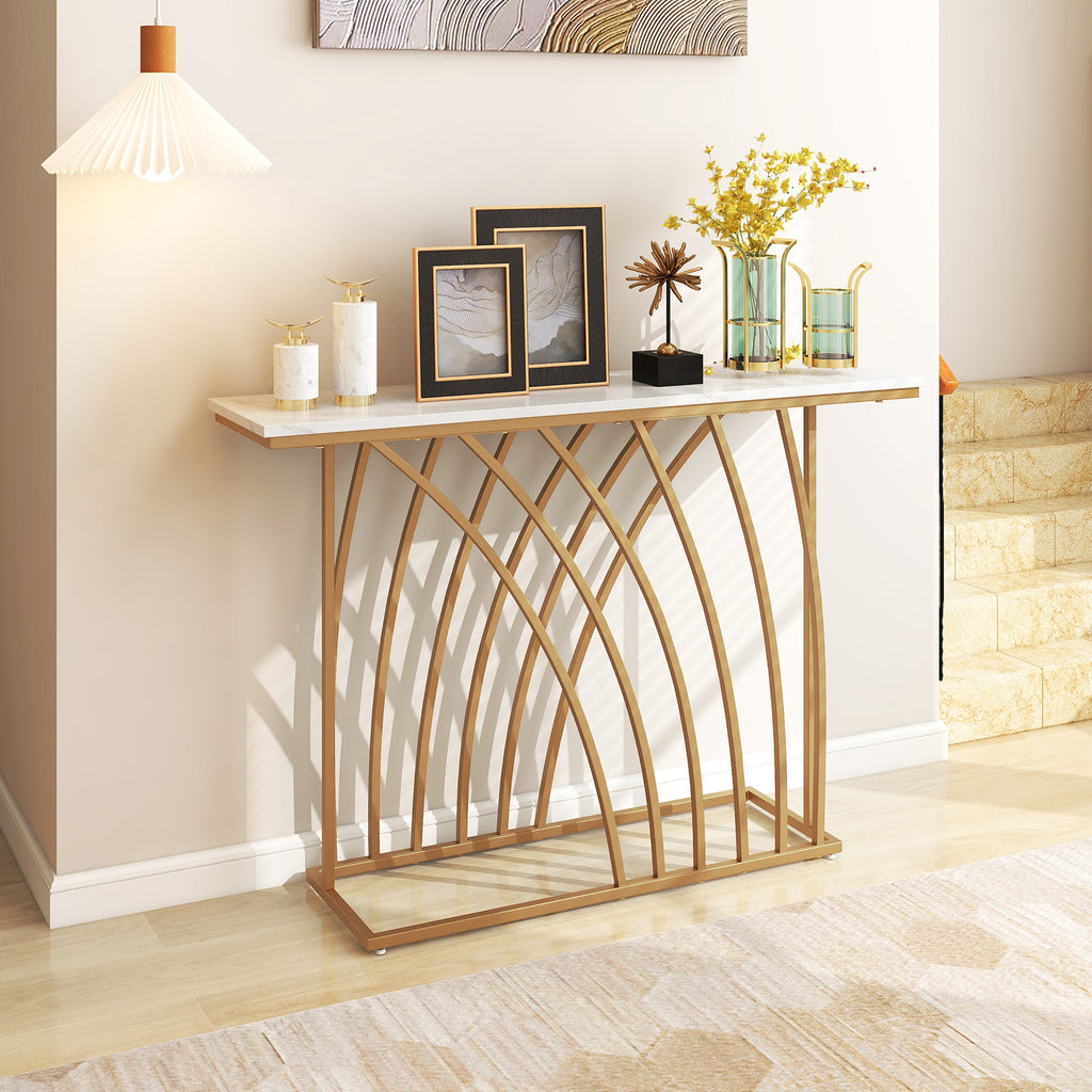 48 Inch Gold Console Table with White Marble Top