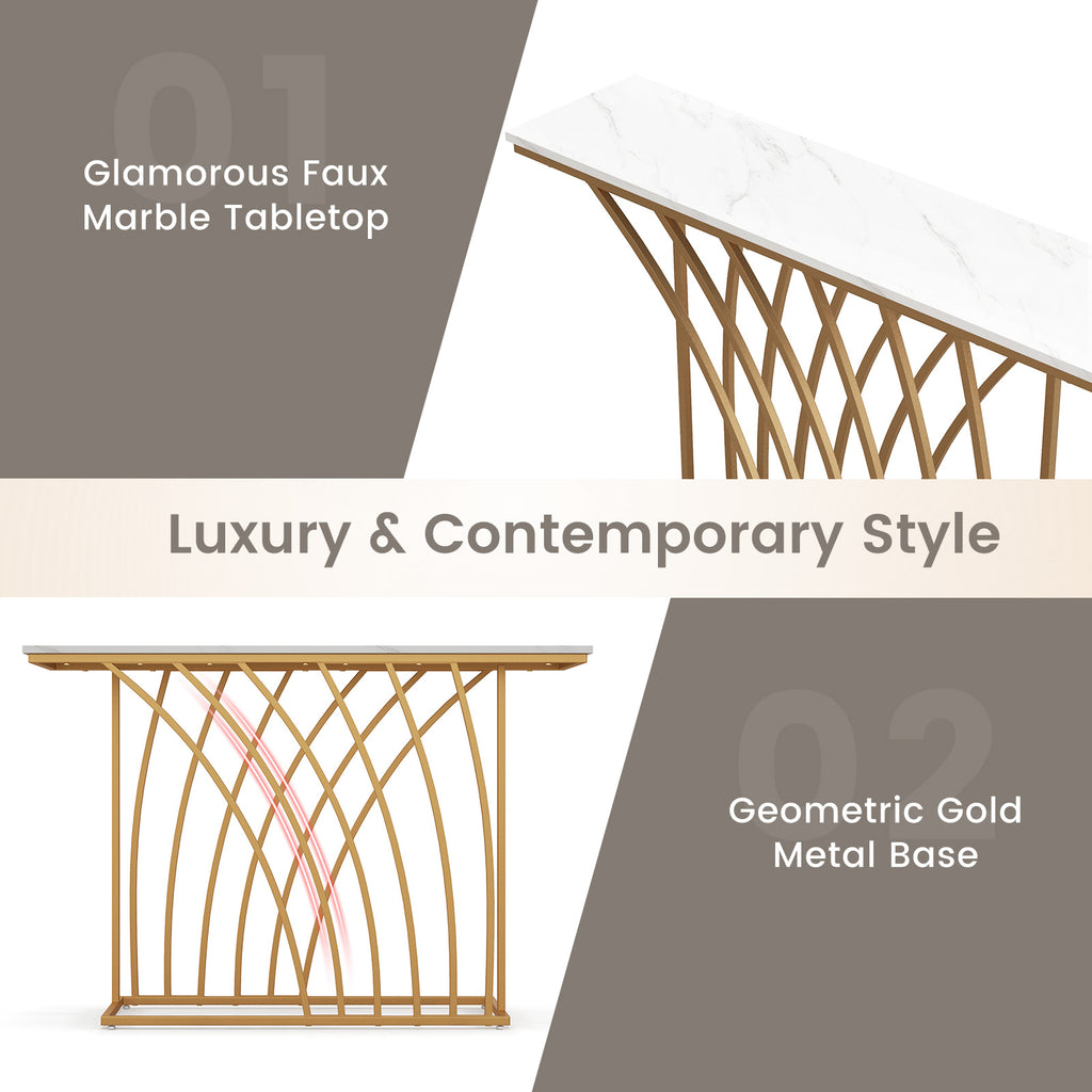 48 Inch Gold Console Table with White Marble Top