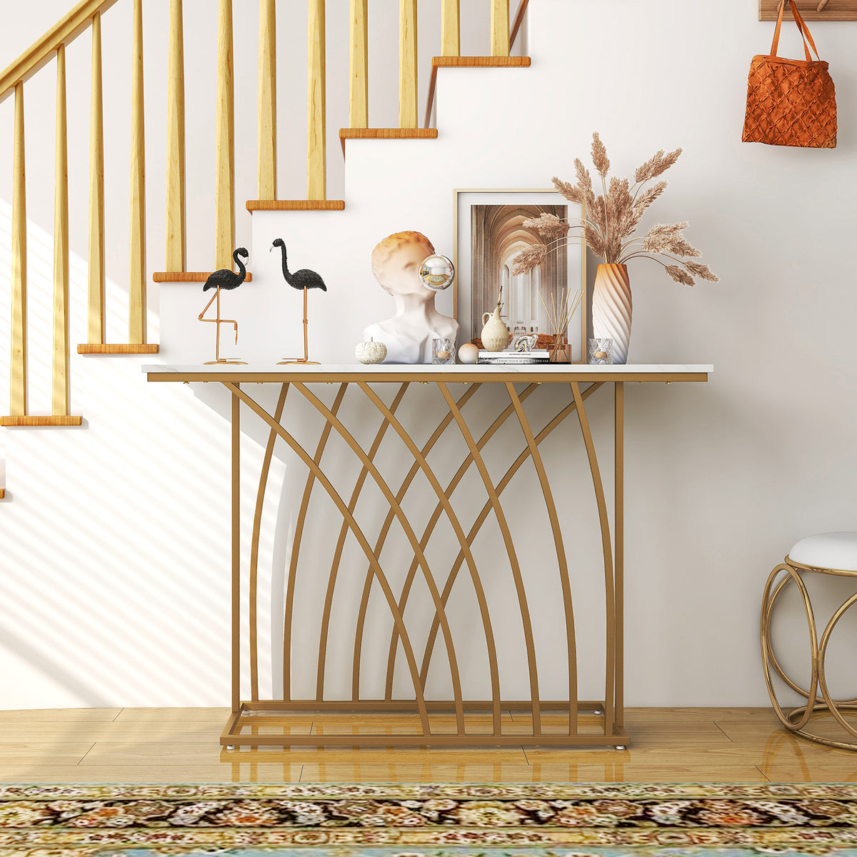 48 Inch Gold Console Table with White Marble Top