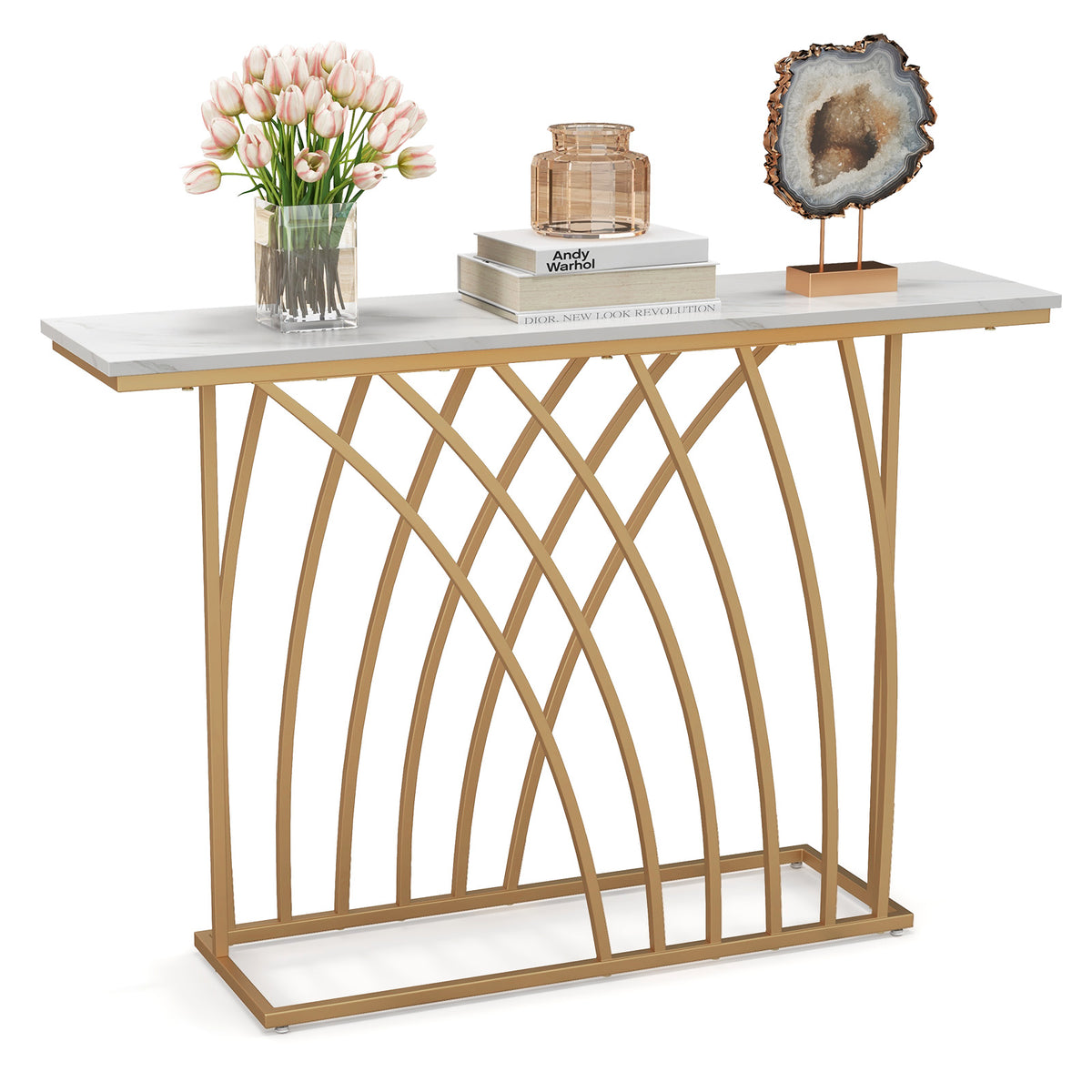 48 Inch Gold Console Table with White Marble Top