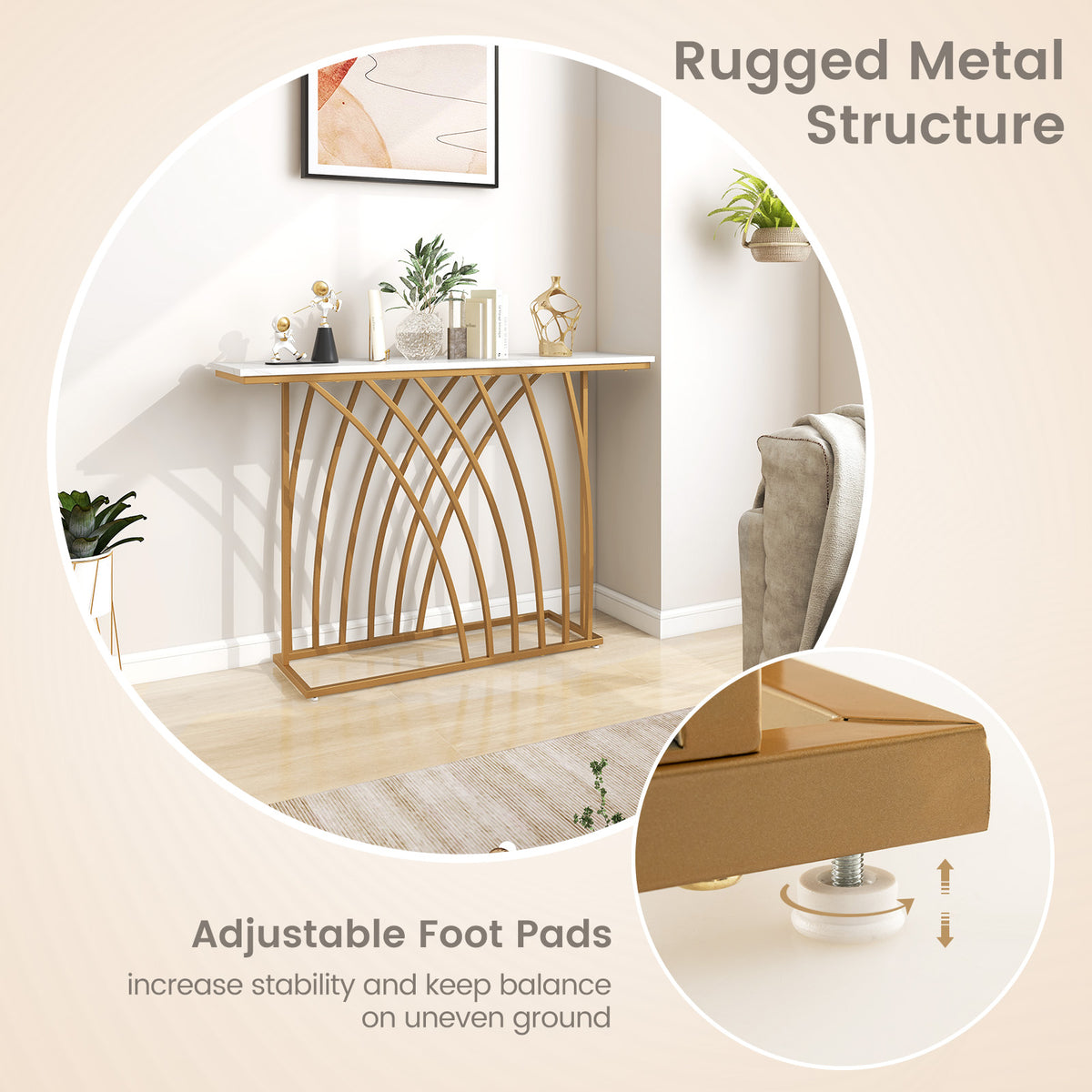 48 Inch Gold Console Table with White Marble Top