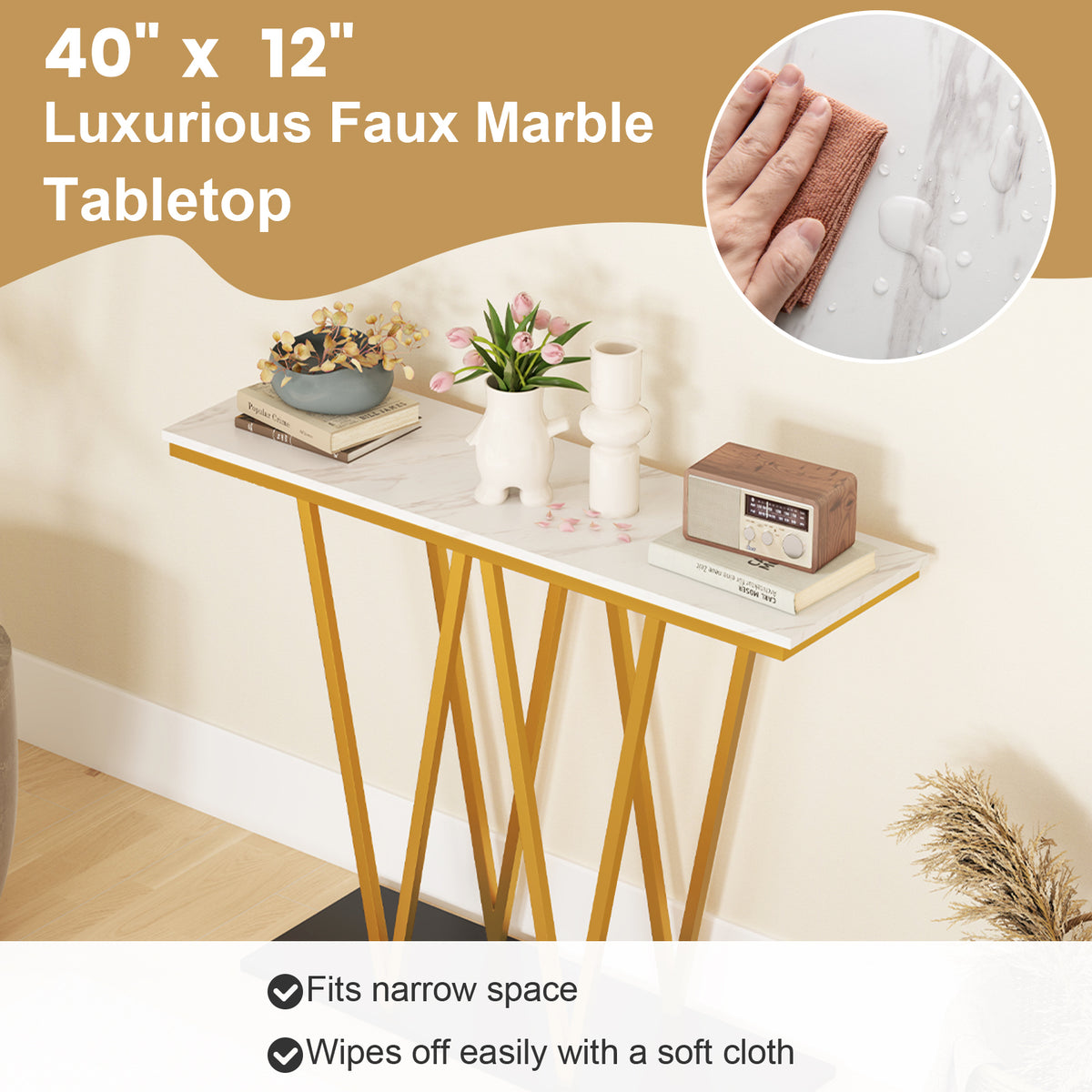Gold Entryway Console Table 40" - Faux Marble & Metal Frame, White
