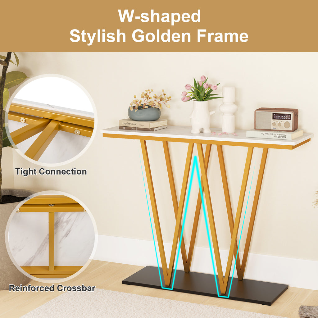 Gold Entryway Console Table 40" - Faux Marble & Metal Frame, White