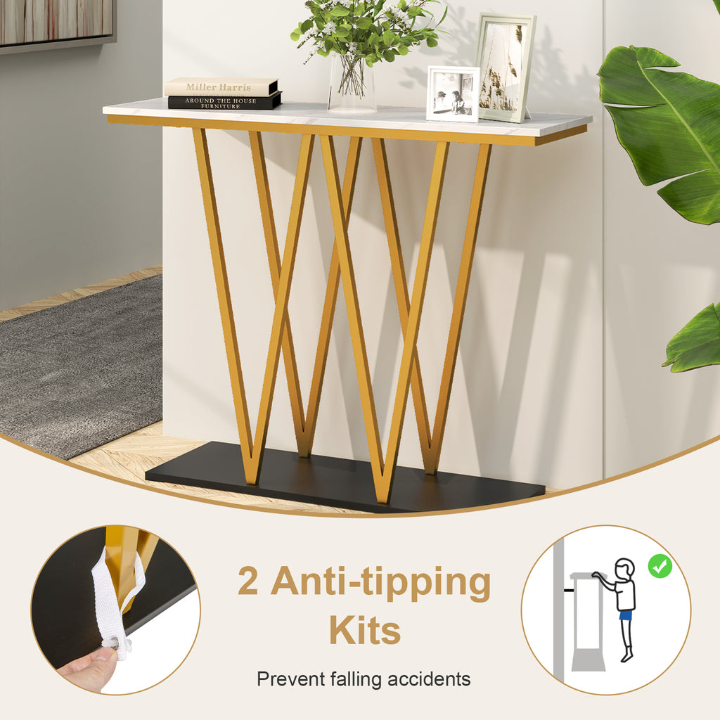Gold Entryway Console Table 40" - Faux Marble & Metal Frame, White
