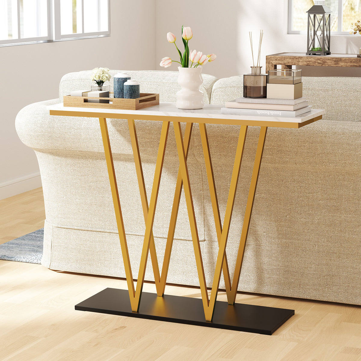 Gold Entryway Console Table 40" - Faux Marble & Metal Frame, White