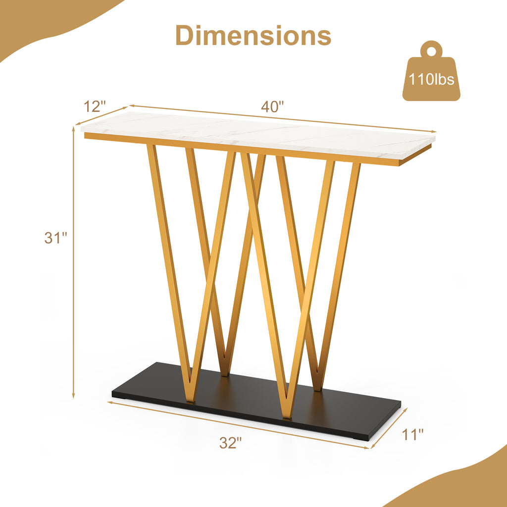 Gold Entryway Console Table 40" - Faux Marble & Metal Frame, White