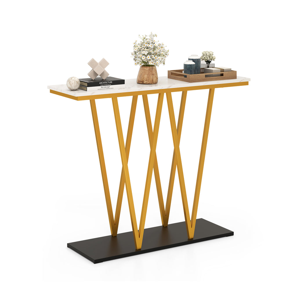 Gold Entryway Console Table 40" - Faux Marble & Metal Frame, White