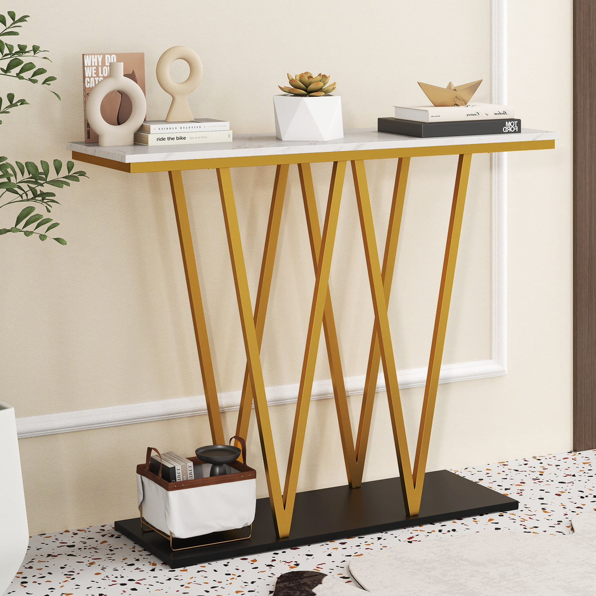 Gold Entryway Console Table 40" - Faux Marble & Metal Frame, White