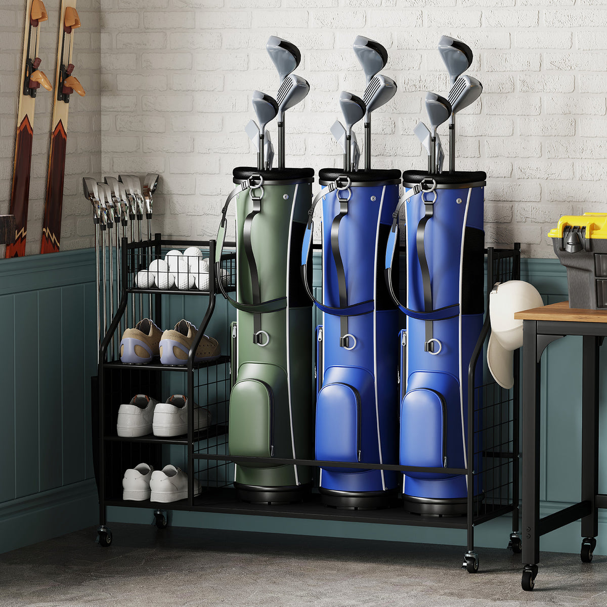 Black Golf Bag Organizer Stand with Lockable Wheels and Hooks - Holds 3 Bags