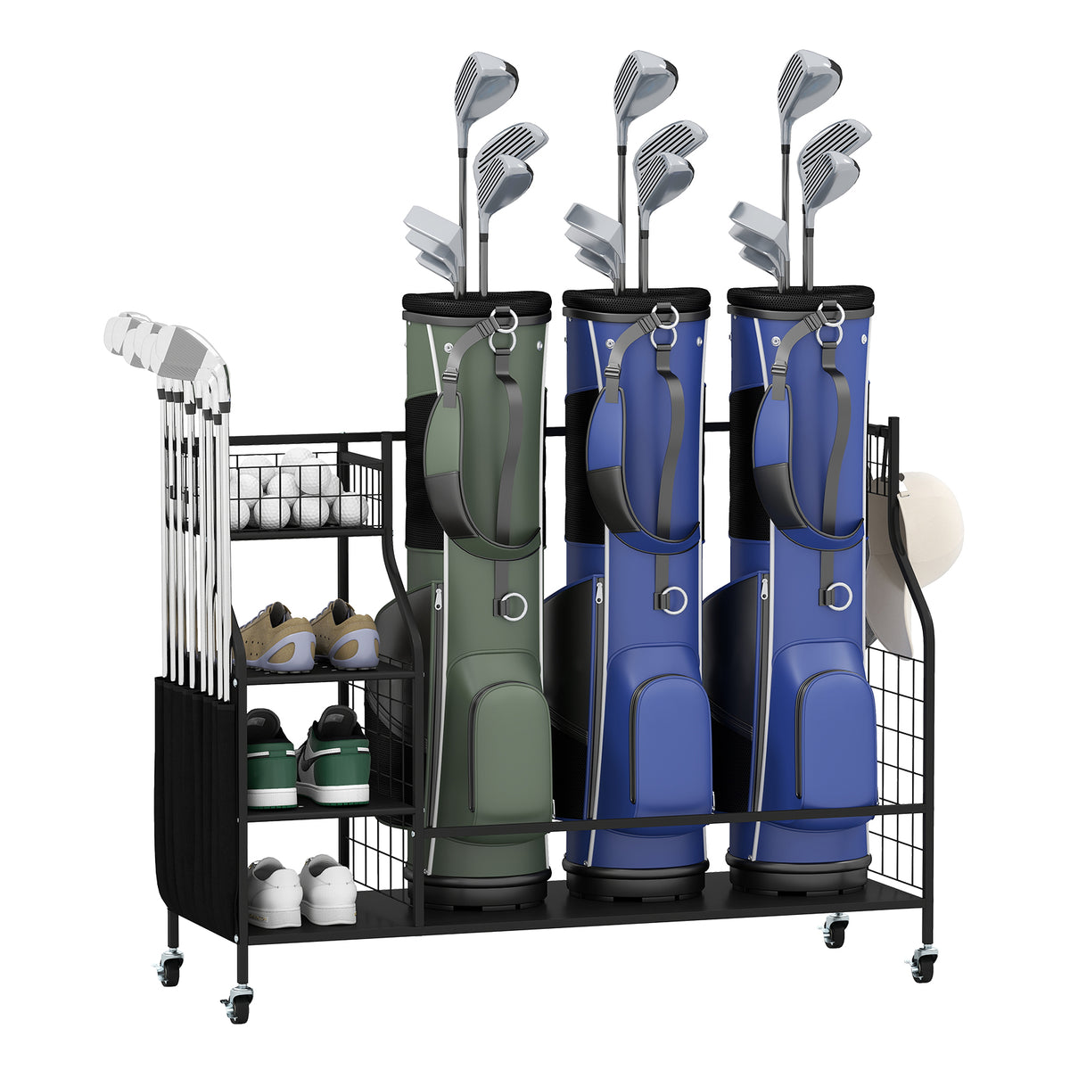 Black Golf Bag Organizer Stand with Lockable Wheels and Hooks - Holds 3 Bags