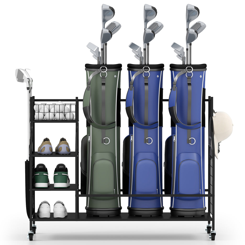Black Golf Bag Organizer Stand with Lockable Wheels and Hooks - Holds 3 Bags