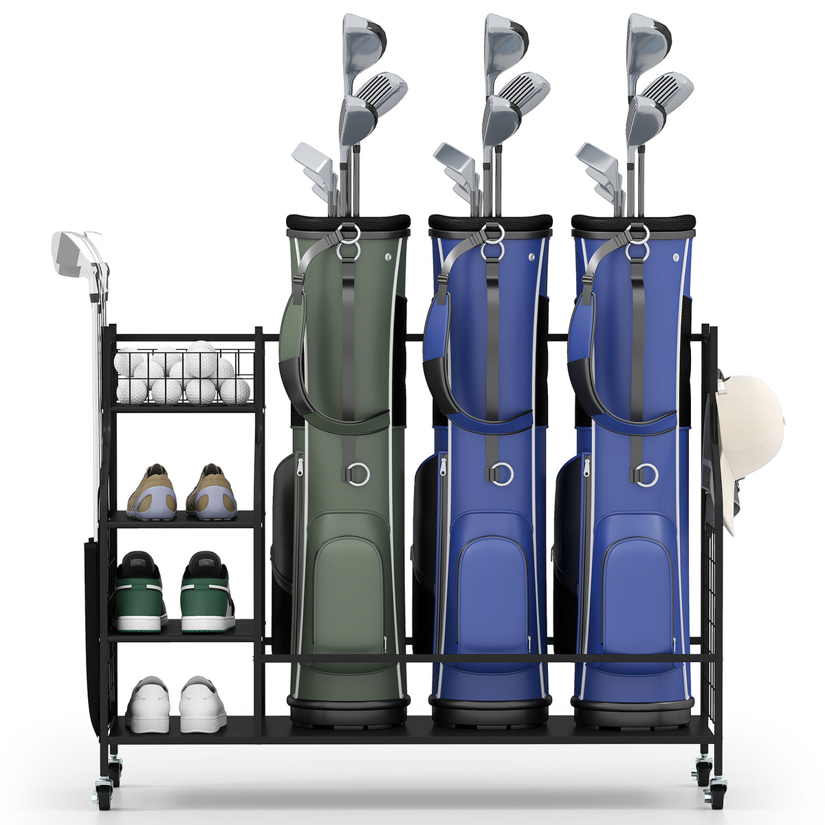 Black Golf Bag Organizer Stand with Lockable Wheels and Hooks - Holds 3 Bags