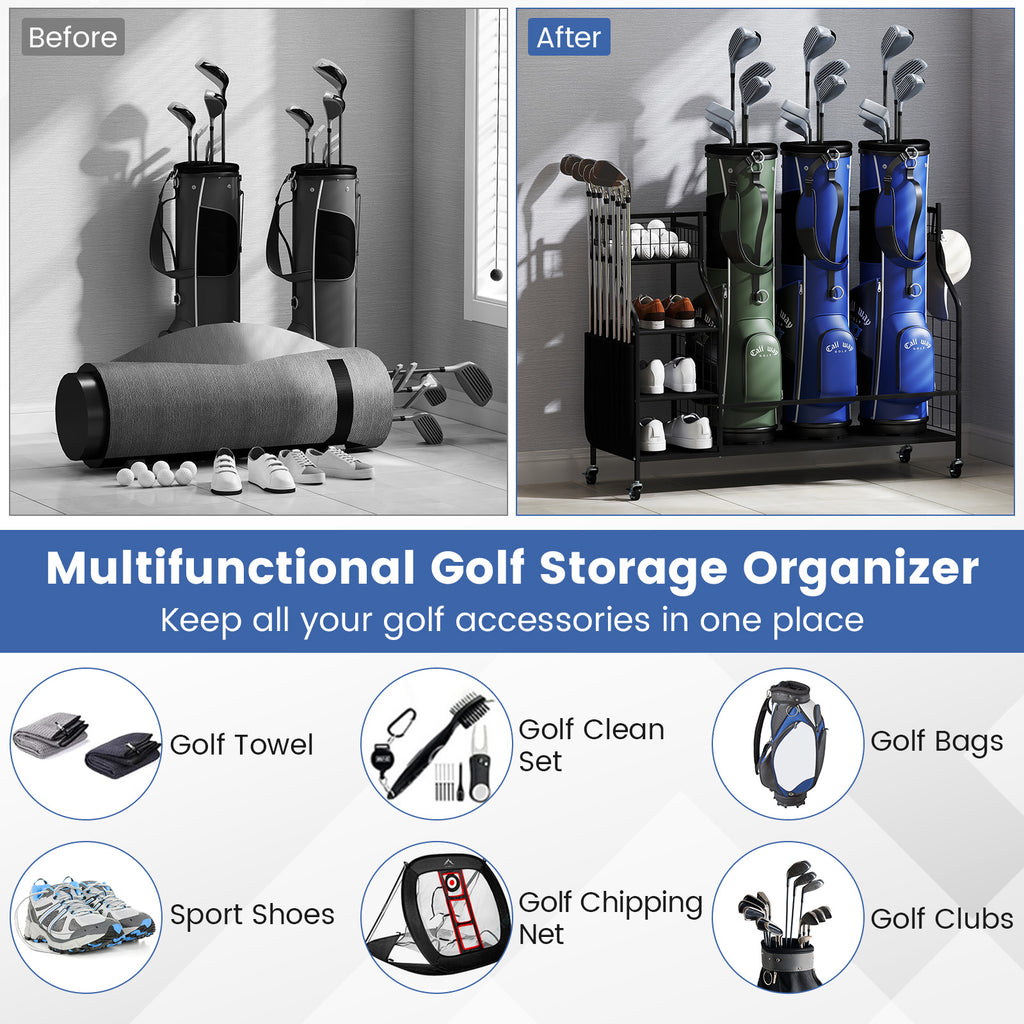 Black Golf Bag Organizer Stand with Lockable Wheels and Hooks - Holds 3 Bags