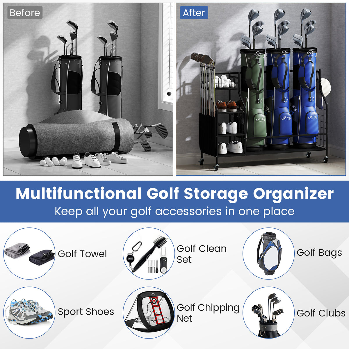 Black Golf Bag Organizer Stand with Lockable Wheels and Hooks - Holds 3 Bags