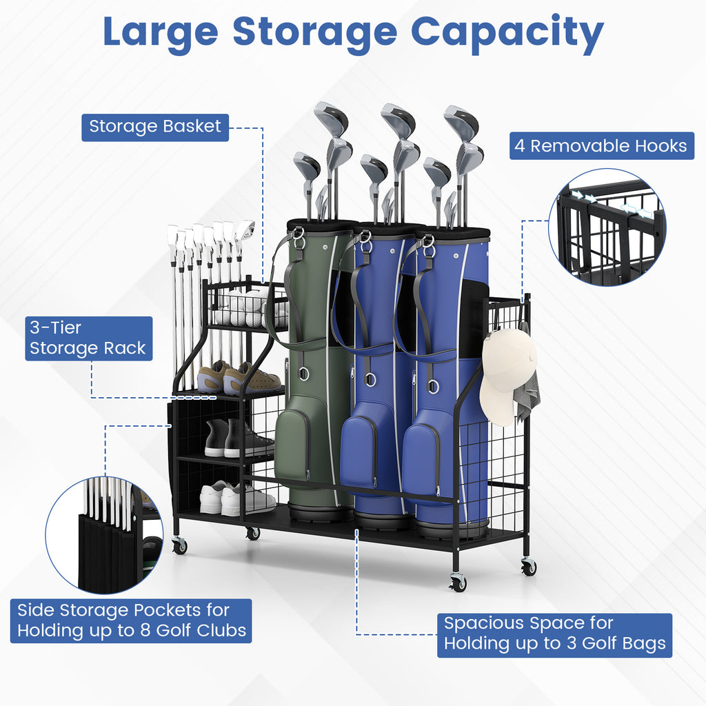 Black Golf Bag Organizer Stand with Lockable Wheels and Hooks - Holds 3 Bags