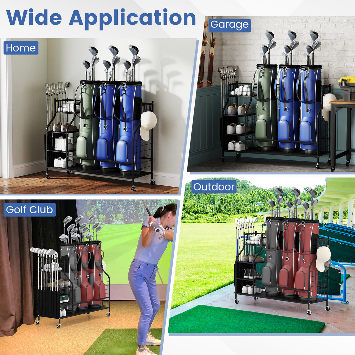 Black Golf Bag Organizer Stand with Lockable Wheels and Hooks - Holds 3 Bags