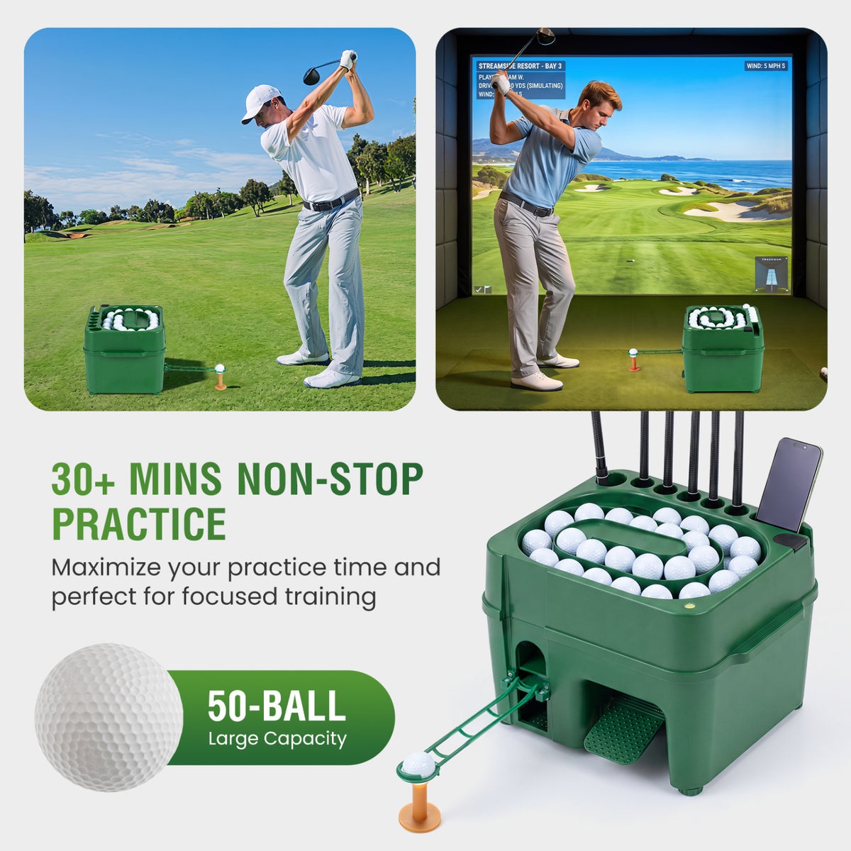 Golf Ball Dispenser with 6-Club Holder & 50-Ball Capacity for Practice