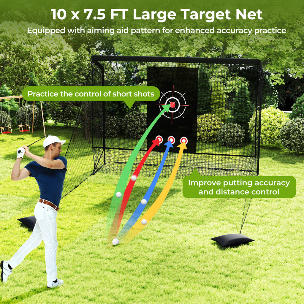 Golf Practice Hitting Net with Dual Side Barriers - Metal Frame & Target Cloth - Costway