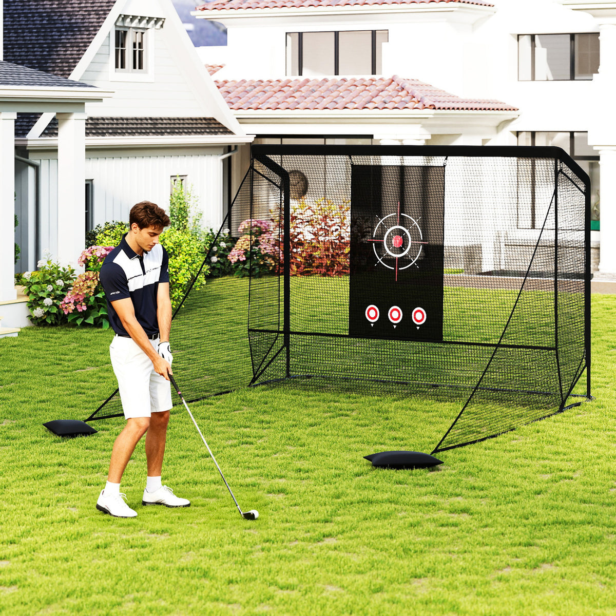 Golf Practice Hitting Net with Dual Side Barriers - Metal Frame & Target Cloth - Costway