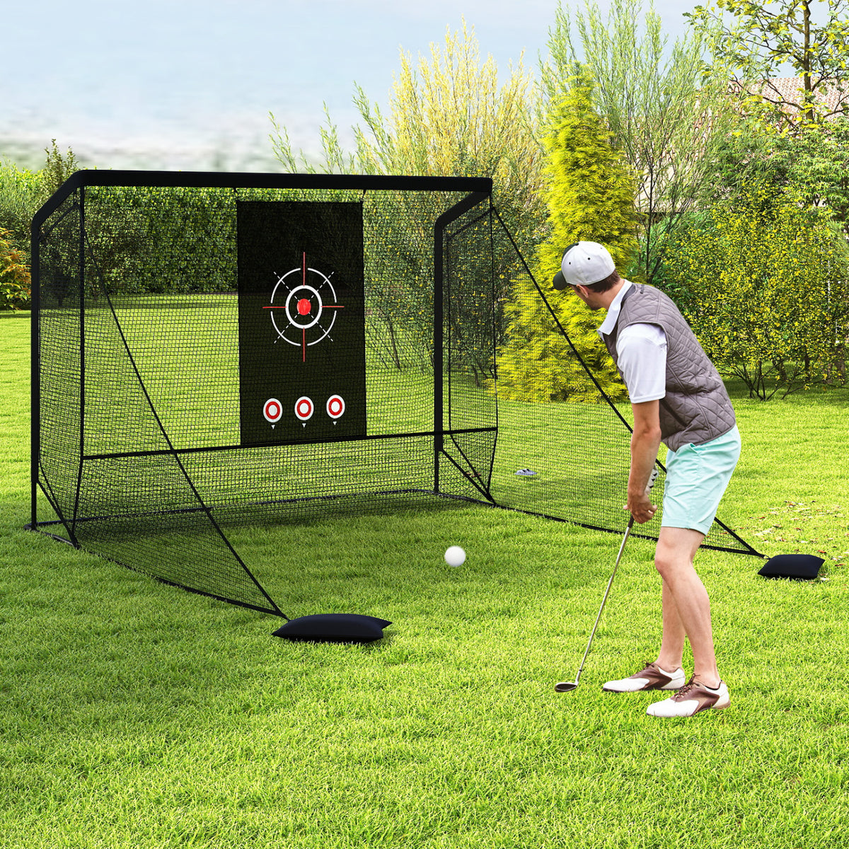 Golf Practice Hitting Net with Dual Side Barriers - Metal Frame & Target Cloth - Costway