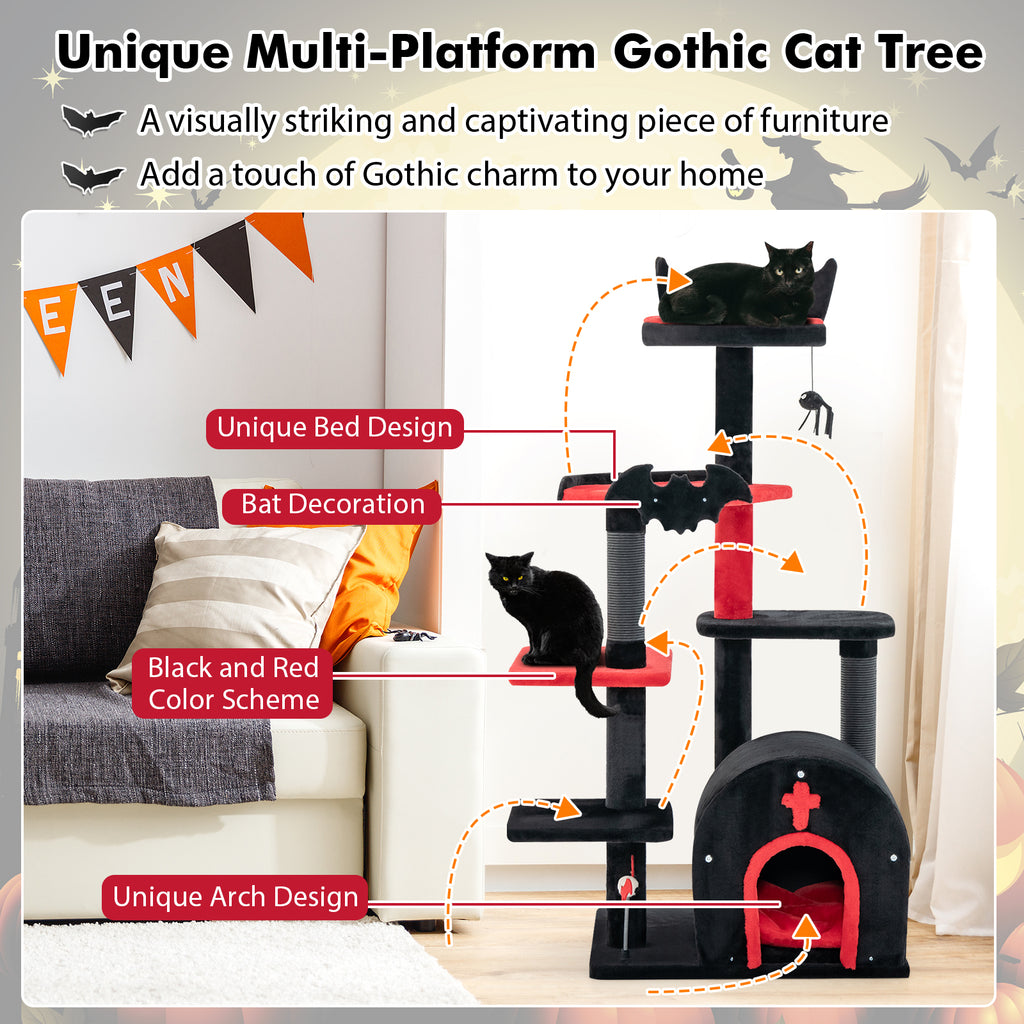 Gothic Cat Tree Tower with Cat Bed & Arch Condo - 53 Inch Tall, Black - Cat Furniture