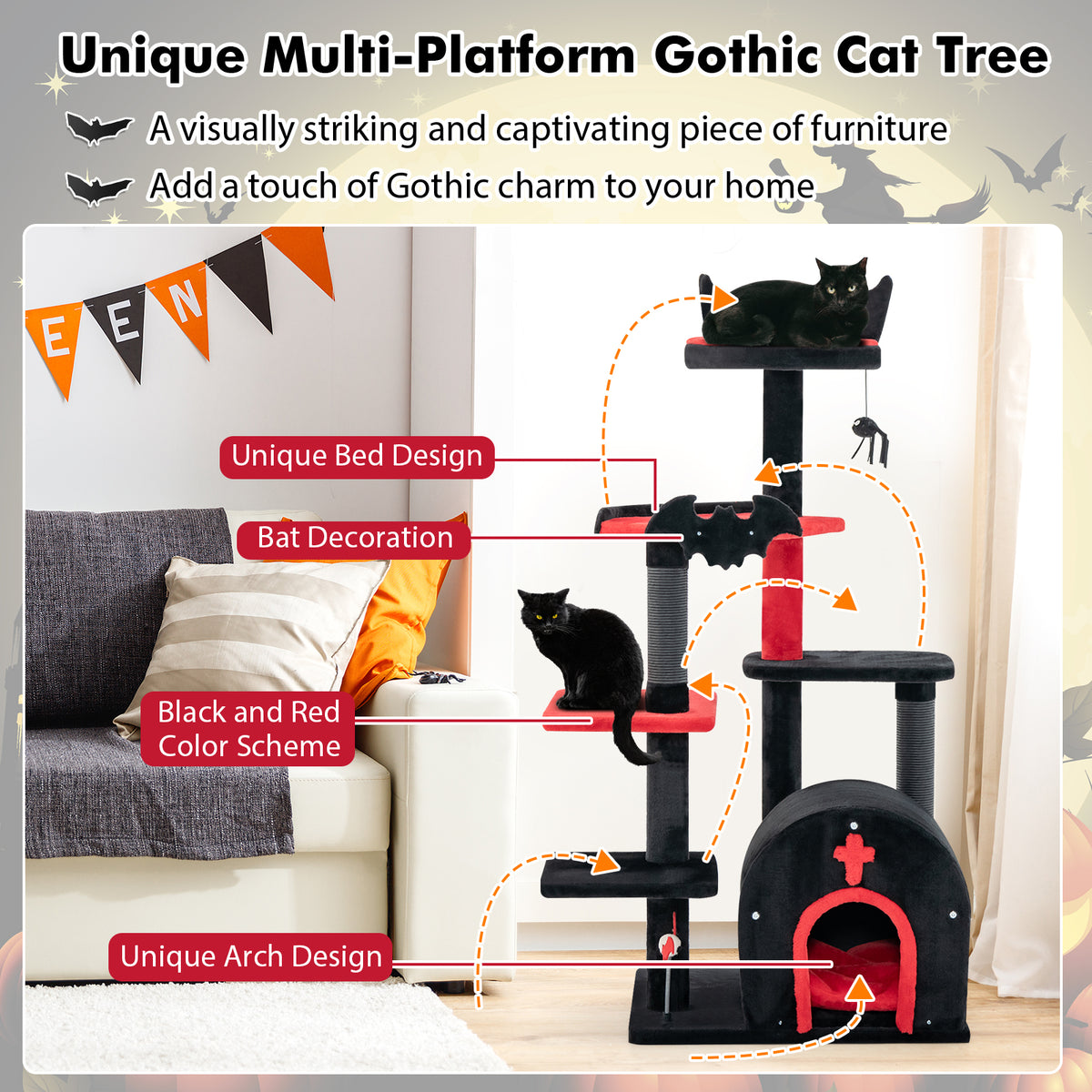 Gothic Cat Tree Tower with Cat Bed & Arch Condo - 53 Inch Tall, Black - Cat Furniture