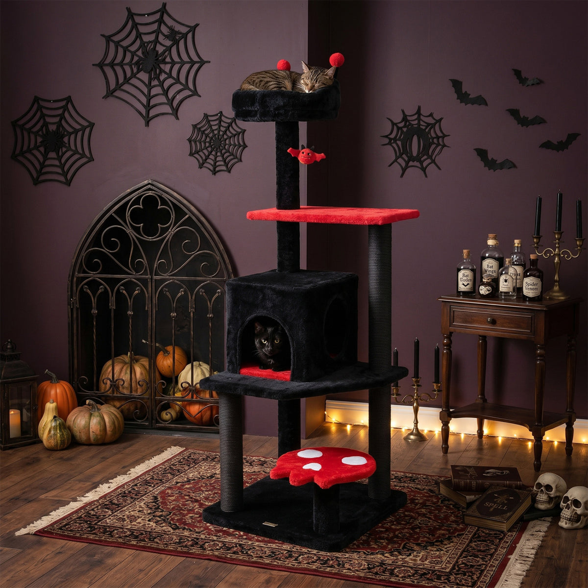 57-Inch Spooky Cat Tower with Padded Perch and Spider Toy - Red Variation