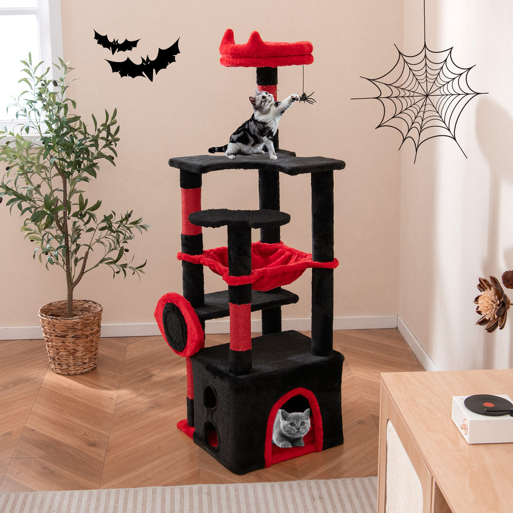 Gothic Cat Tree with Plush Perch and Spider Toy - Black & Red, Anti-Tip, Sisal Posts