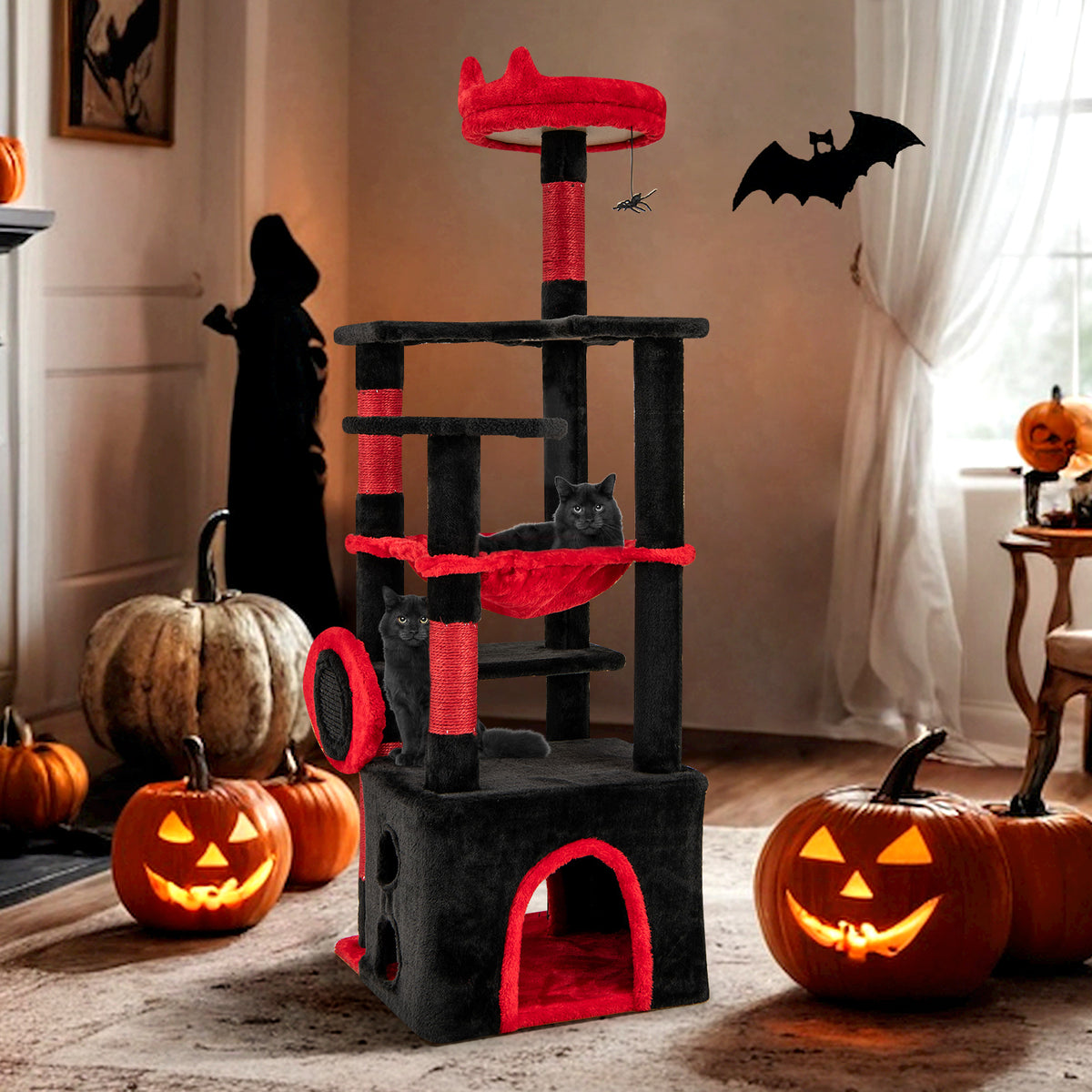 Gothic Cat Tree with Plush Perch and Spider Toy - Black & Red, Anti-Tip, Sisal Posts