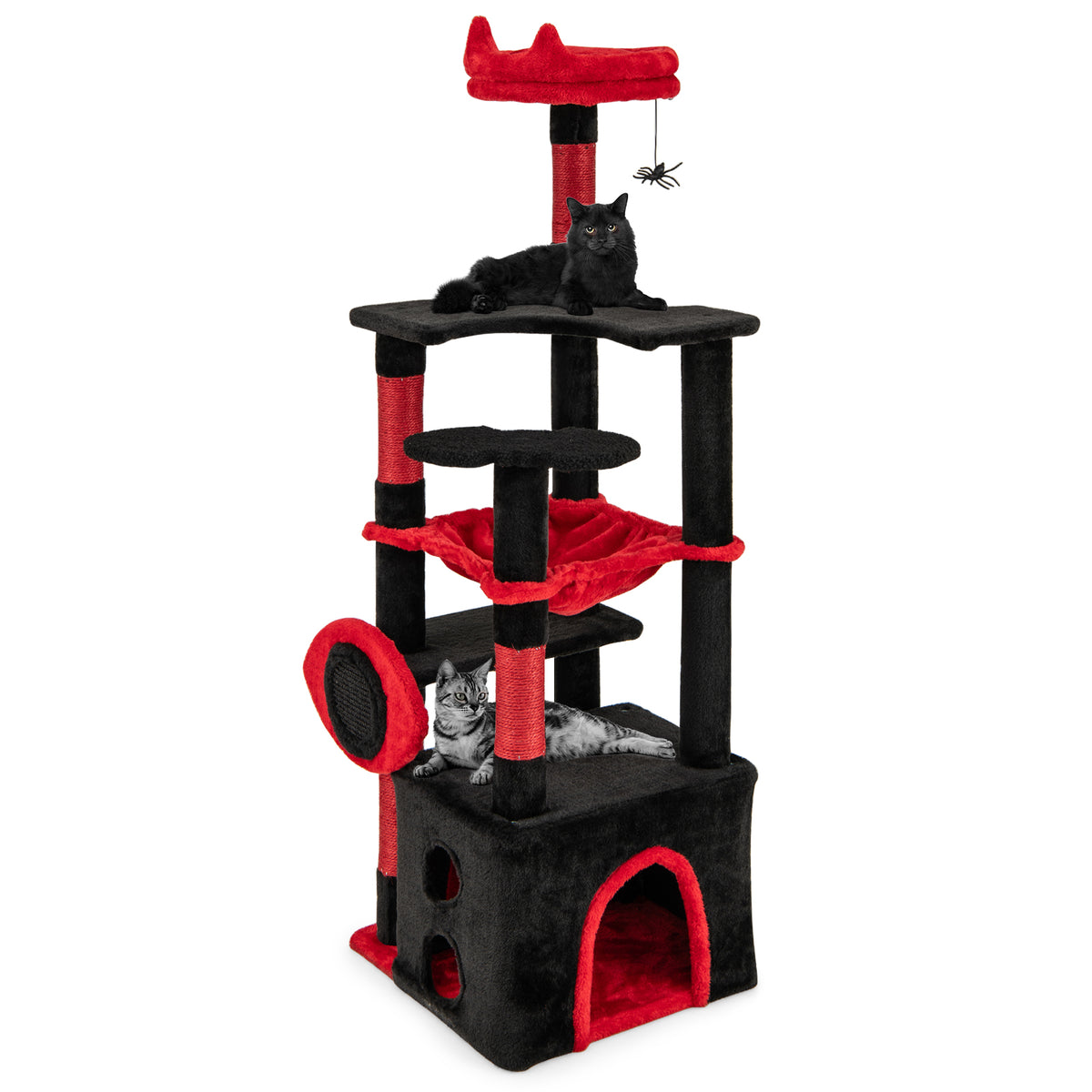 Gothic Cat Tree with Plush Perch and Spider Toy - Black & Red, Anti-Tip, Sisal Posts