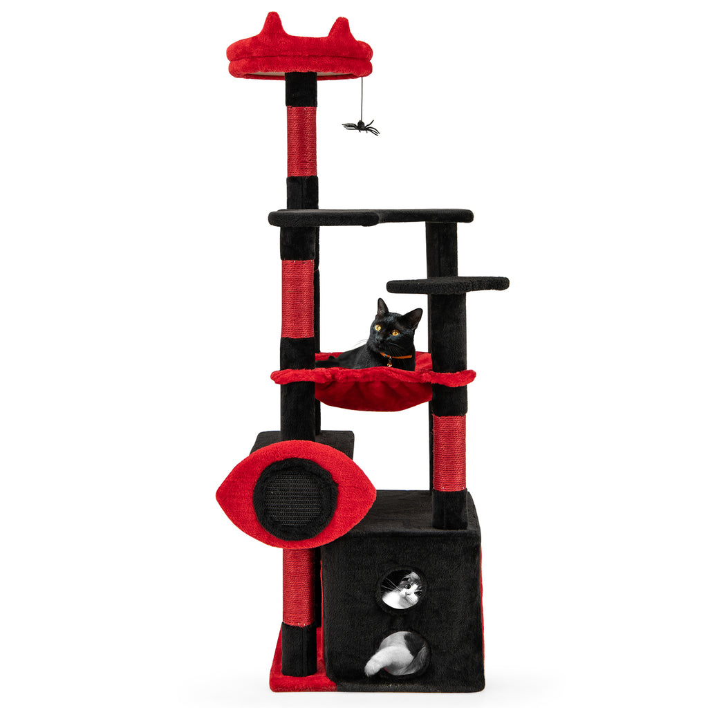 Gothic Cat Tree with Plush Perch and Spider Toy - Black & Red, Anti-Tip, Sisal Posts